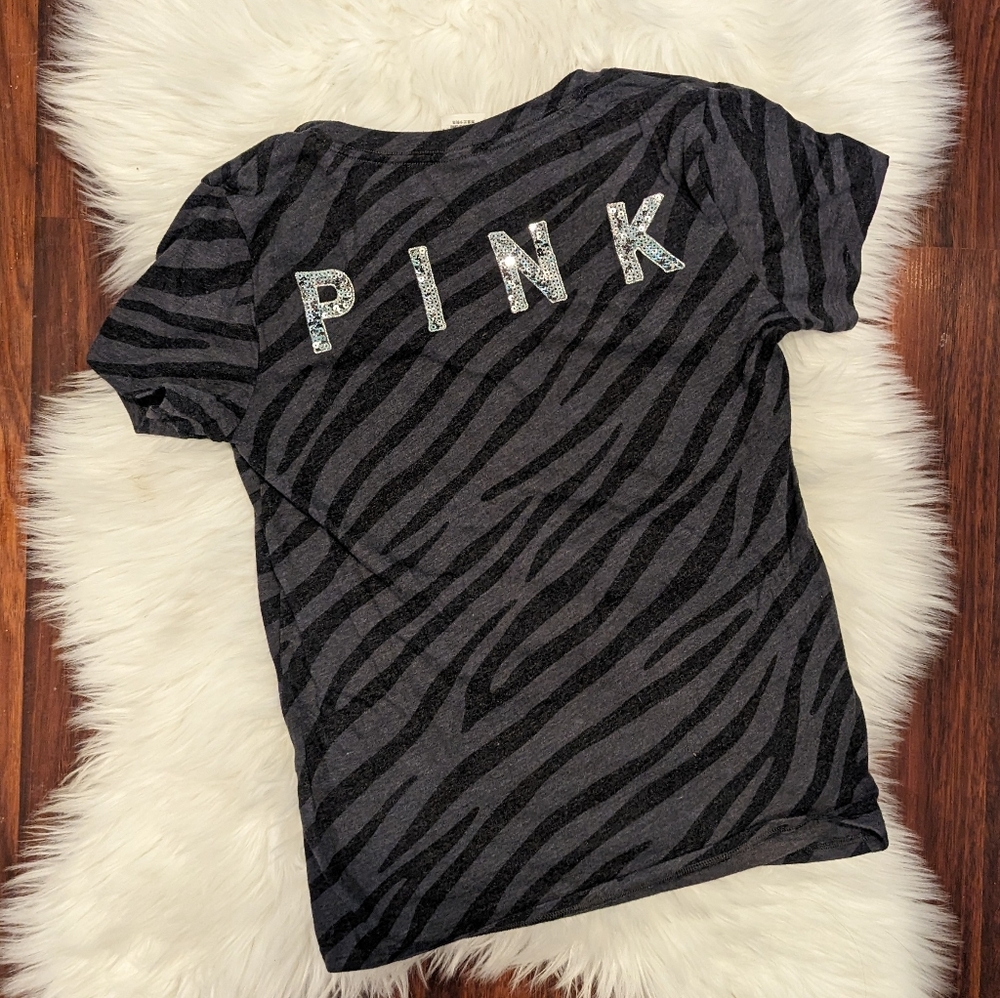 PINK Victoria's Secret Sequin Bling Zebra Stripe T-shirt